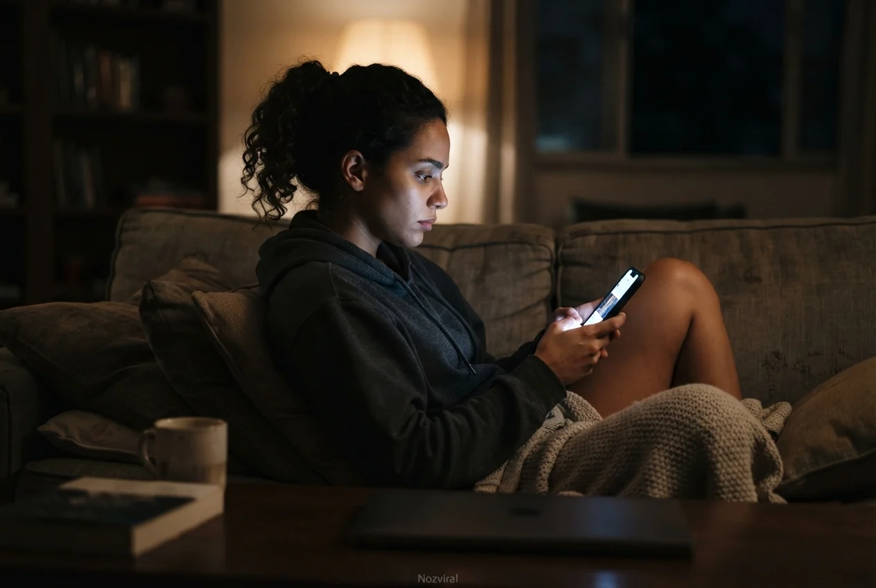 Vício em celular com mulher usando smartphone por muito tempo em casa.