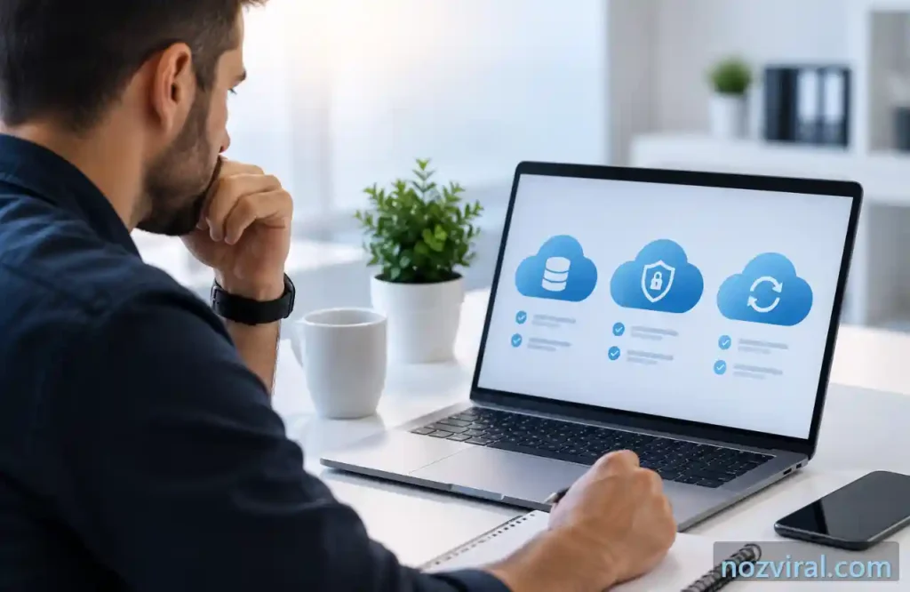 homem analisando opções de armazenamento e segurança em nuvem no notebook