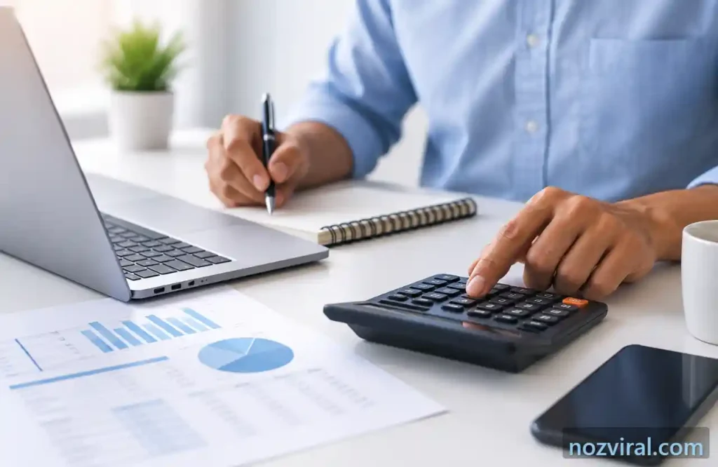 pessoa calculando custos em uma mesa com notebook e calculadora