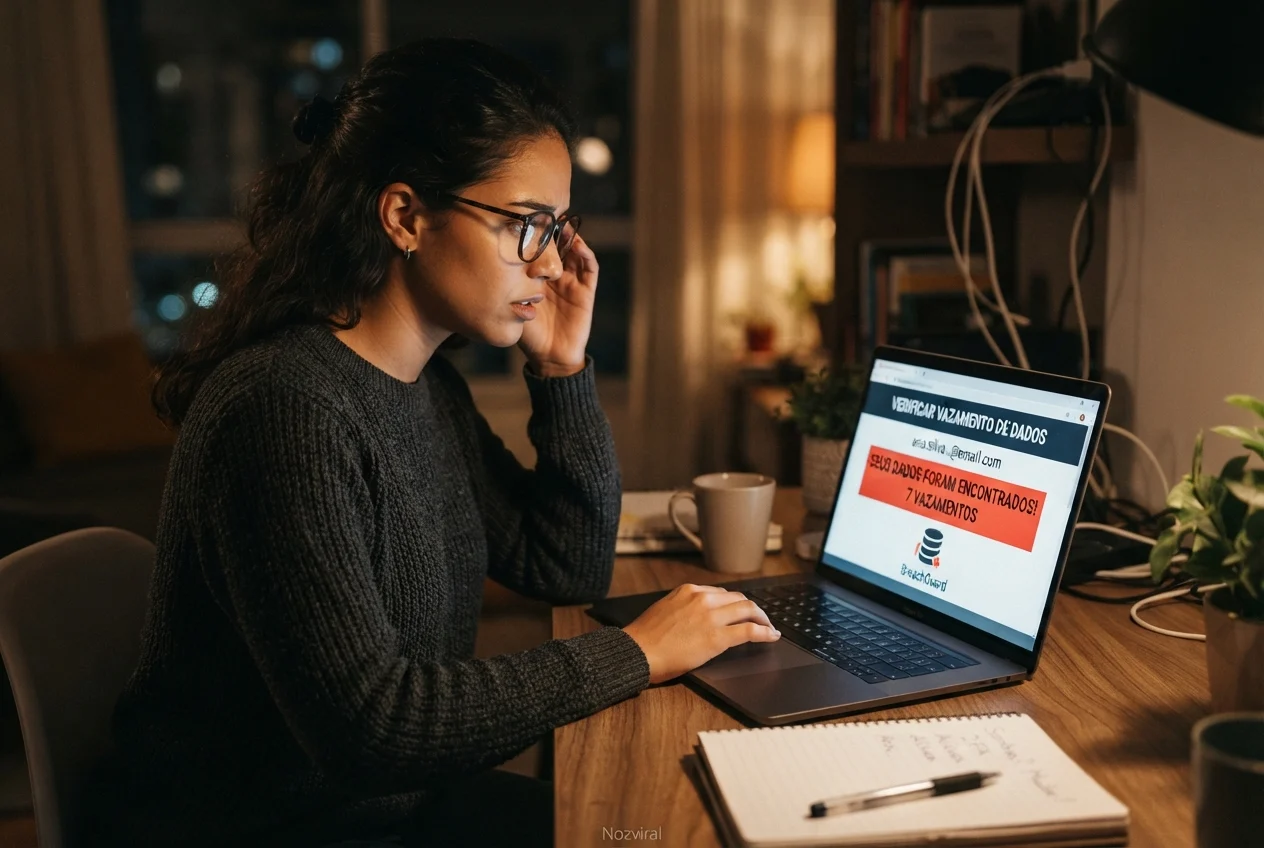 Mulher verificando como saber se meus dados vazaram na internet pelo notebook