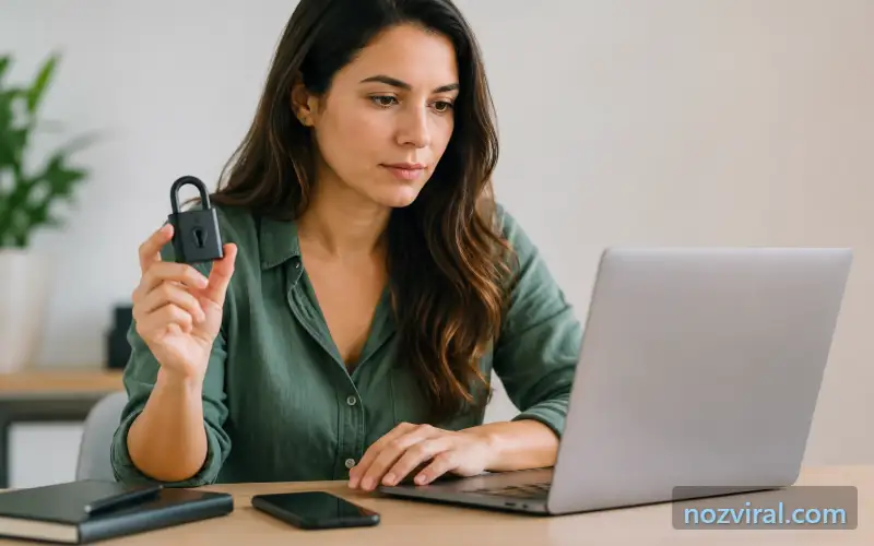 Mulher com cadeado protegendo dados após descobrir como saber se meus dados vazaram na internet