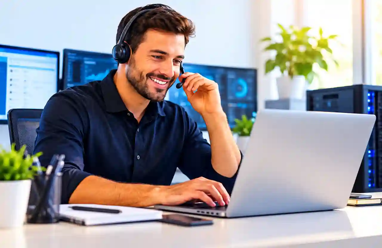 Suporte de TI para empresas com profissional atendendo cliente pelo computador