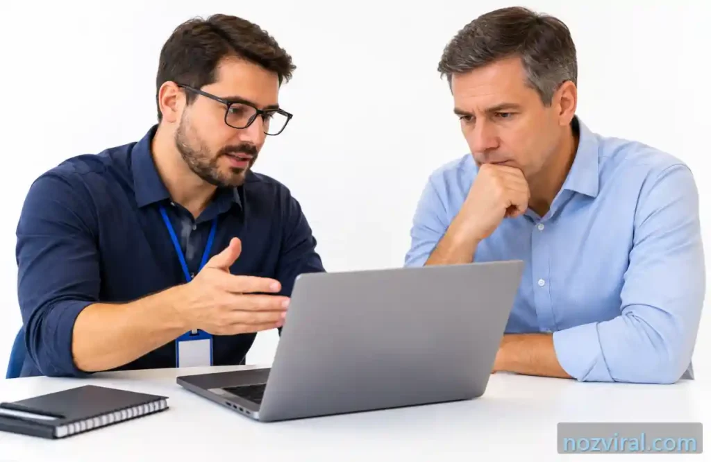 dois profissionais analisando informações em um notebook durante reunião