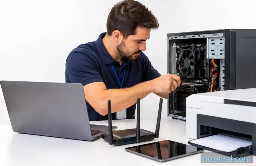 suporte de TI para empresas com técnico realizando manutenção em equipamentos