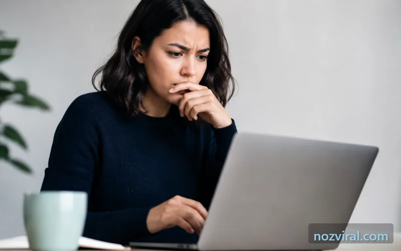 Mulher preocupada ao verificar possível vazamento de dados pessoais no notebook