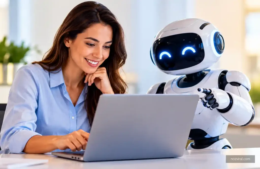 Agentes de IA para empresas: mulher usando notebook ao lado de robô em escritório.