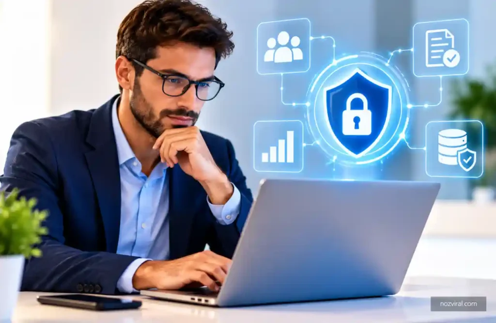 Agentes de IA para empresas: homem usando notebook com ícones de segurança e proteção de dados.
