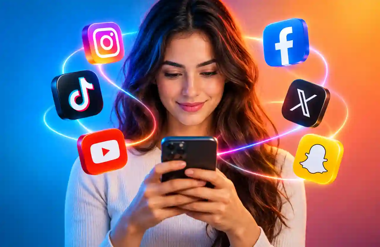 Algoritmo das redes sociais influenciando decisões de uma usuária no celular.