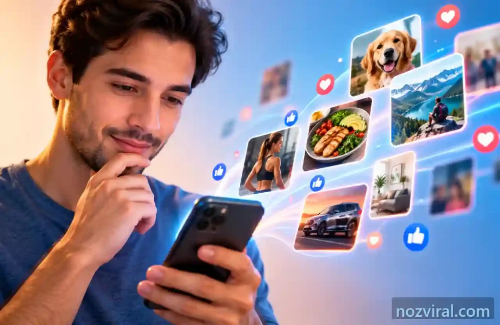 Algoritmo das redes sociais analisando sinais para personalizar o feed do usuário.