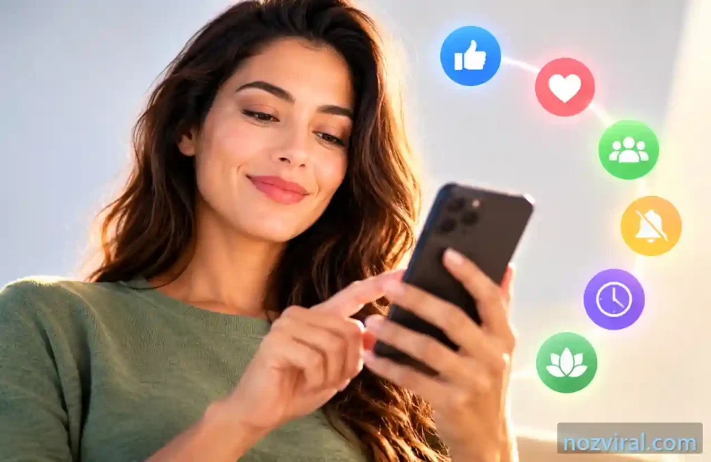 Mulher usando celular com ícones de redes sociais e bem-estar digital.