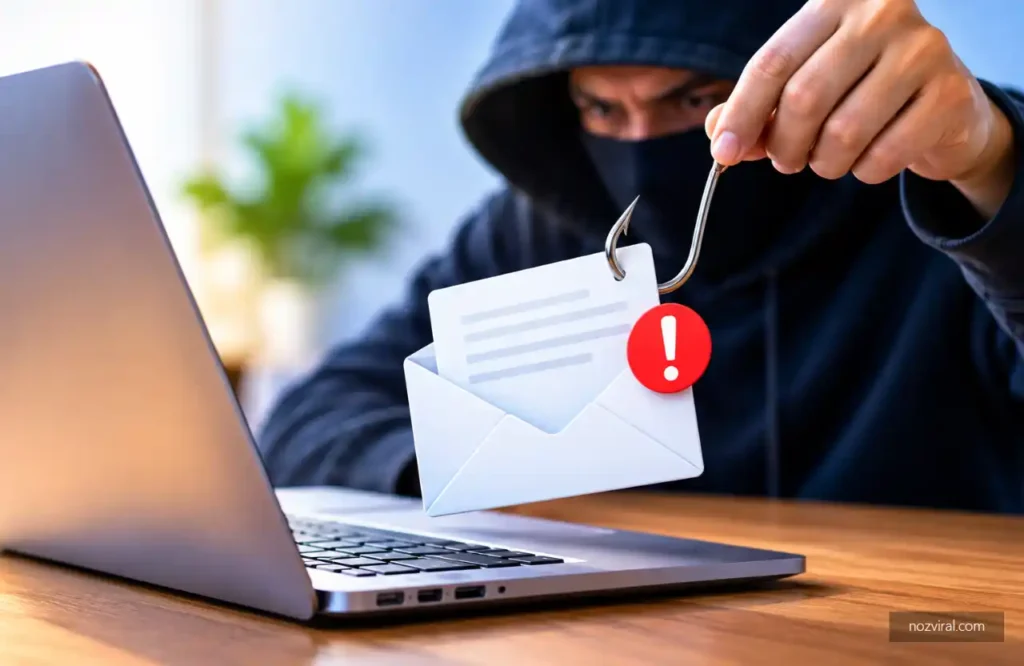 Segurança de e-mail empresarial ameaçada por ataque de phishing, com criminoso utilizando anzol para capturar mensagem eletrônica.