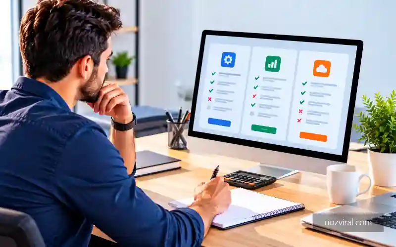 ERP para pequenas empresas com profissional comparando opções de sistemas.