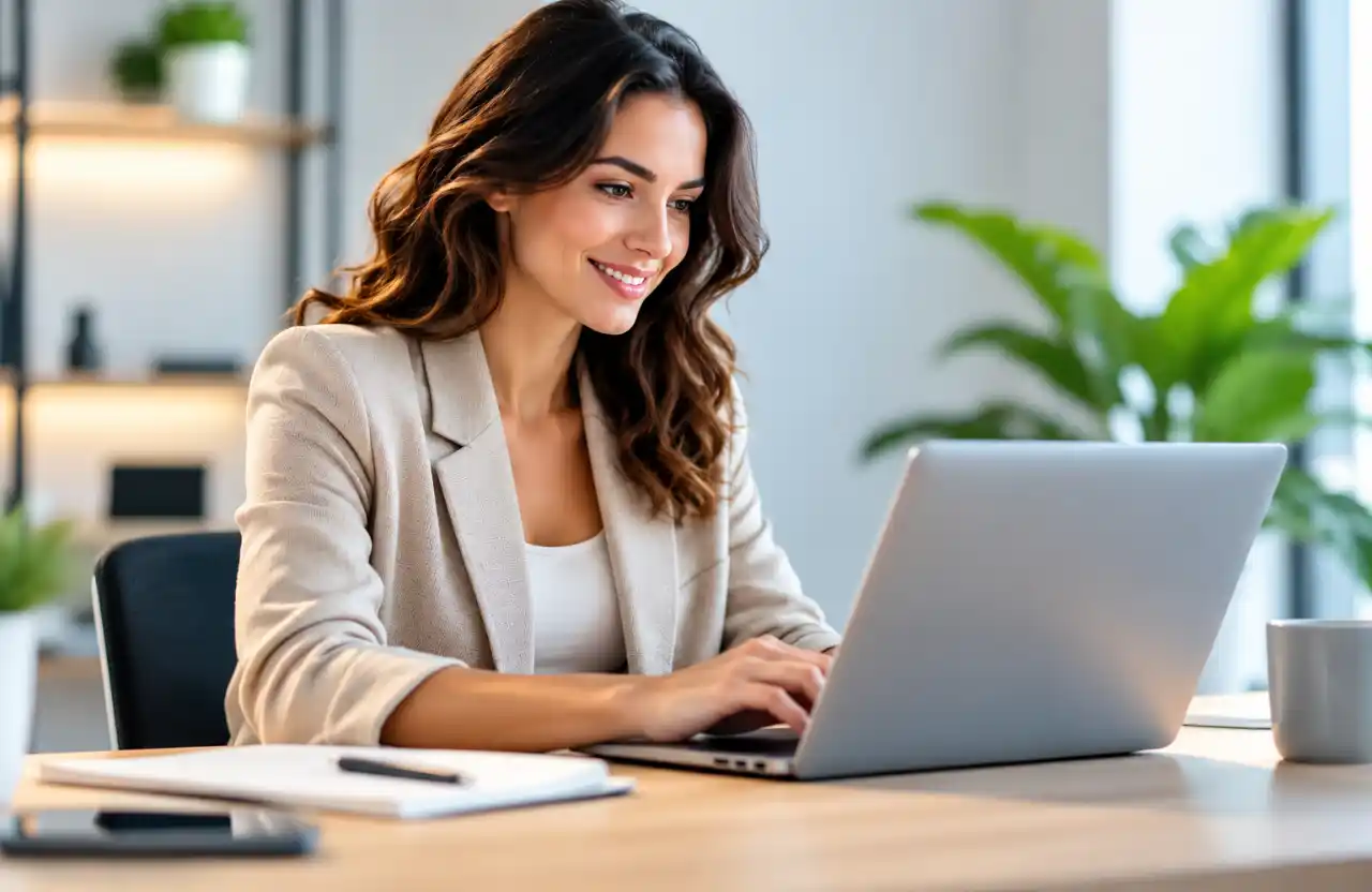 ERP para pequenas empresas com profissional utilizando notebook em escritório moderno.