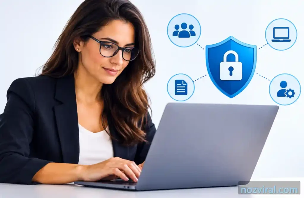 Profissional Mulher usando notebook com símbolos de proteção, usuários e controle de acesso digital.
