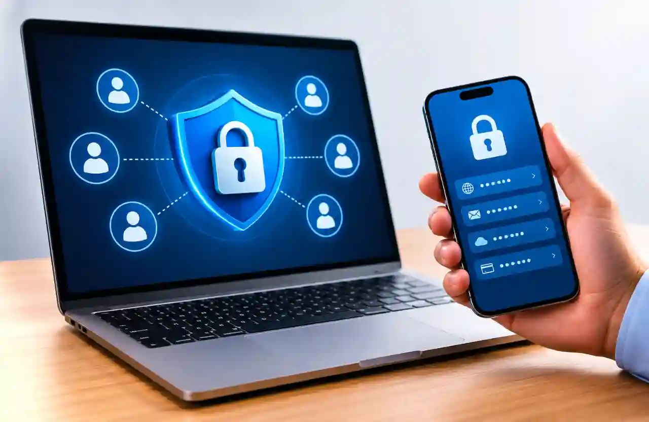 Gerenciador de senhas para empresas em notebook e celular com proteção de acessos.