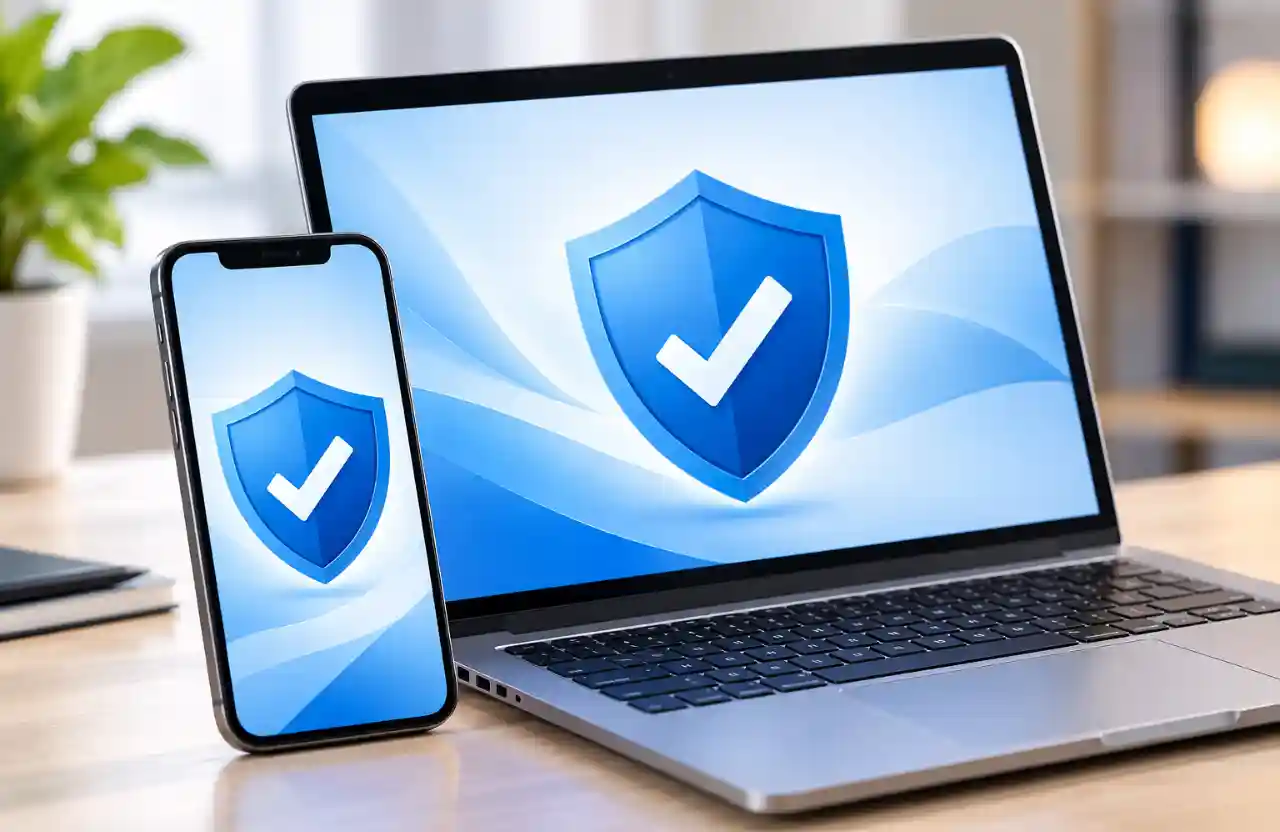 Melhor antivírus em notebook e celular exibindo escudos azuis de proteção digital