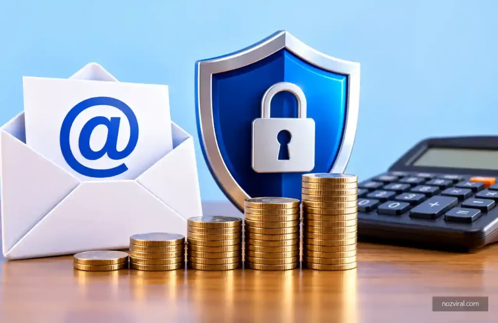 Segurança de e-mail empresarial em 2026 com escudo digital, cadeado, moedas e calculadora representando os custos de proteção.