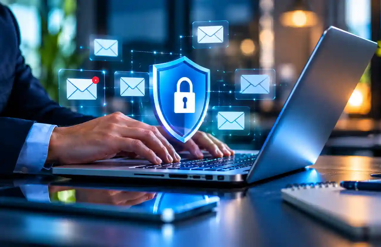 Segurança de e-mail empresarial com profissional utilizando notebook e escudo digital com cadeado protegendo mensagens eletrônicas.